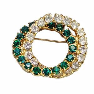 Double Ring Gold Tone Brooch w/Green & Clear Glass Stones EUC Estate Unsigned